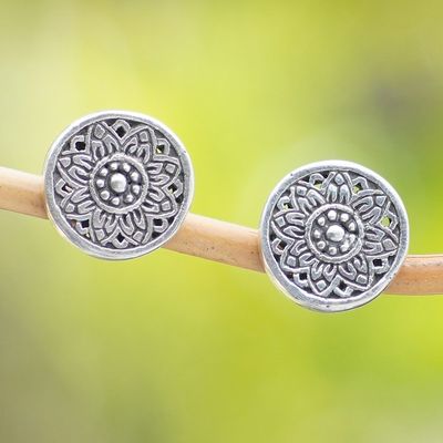 Alternate image for Sterling Silver Stud Earrings with Floral and Chakra Motifs Chakra Shield