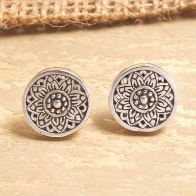 Alternate image for Sterling Silver Stud Earrings with Floral and Chakra Motifs Chakra Shield