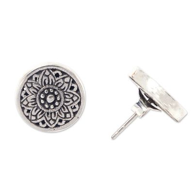 Alternate image for Sterling Silver Stud Earrings with Floral and Chakra Motifs Chakra Shield