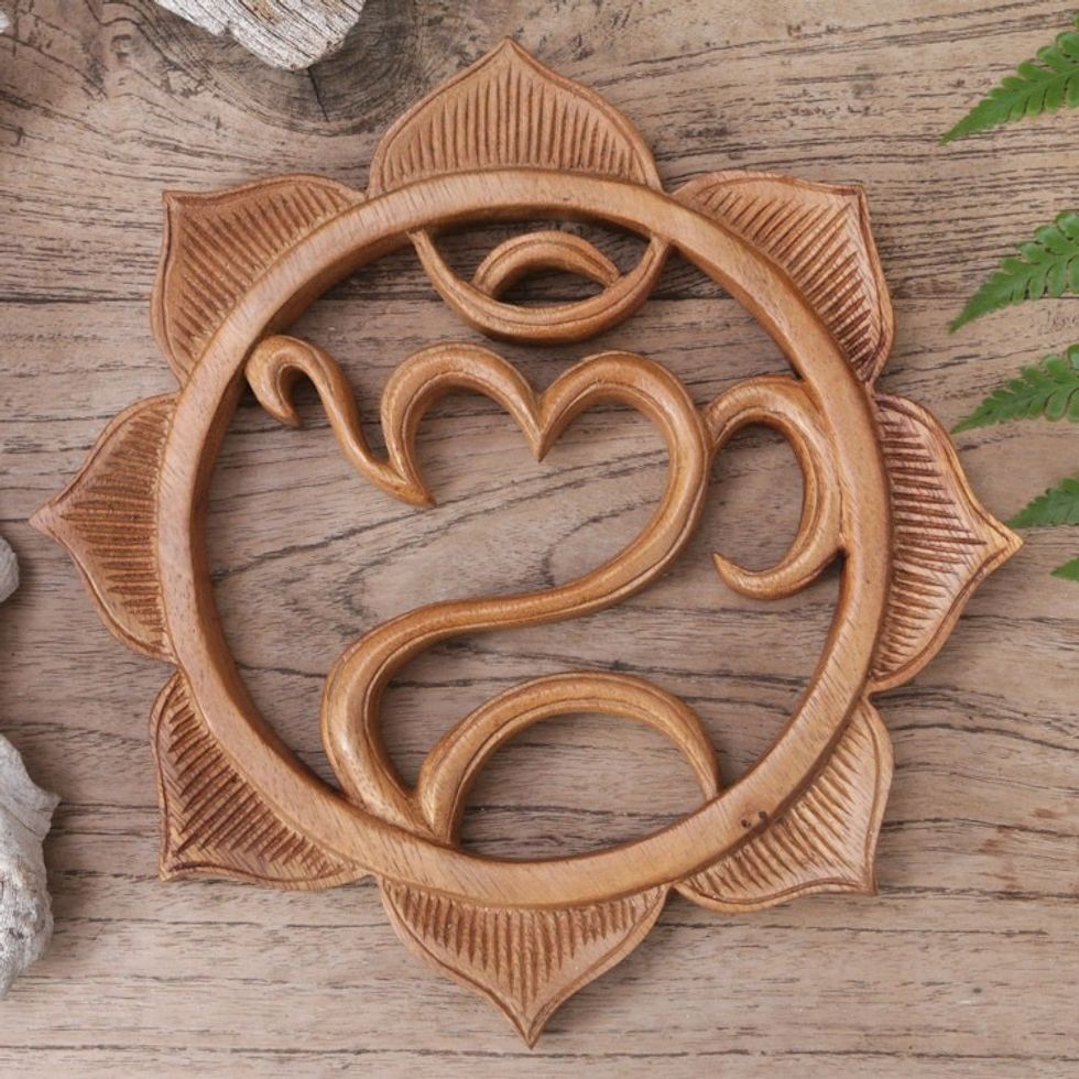 Artisan Carved Balinese Hindu Wood Relief Panel 'Omkara'