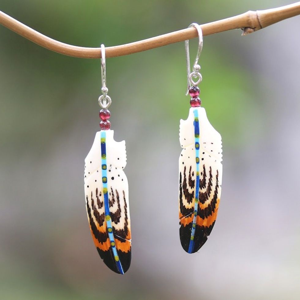 Hand-Painted Garnet Accent Feather Dangle Earrings 'Antique Feathers'