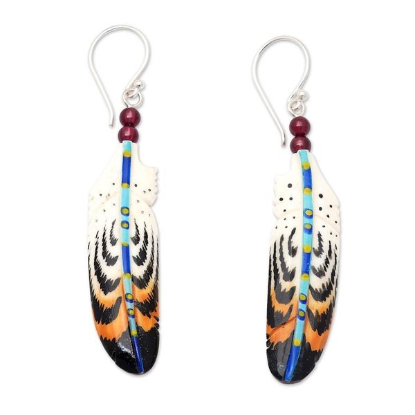 Alternate image for Hand-Painted Garnet Accent Feather Dangle Earrings Antique Feathers