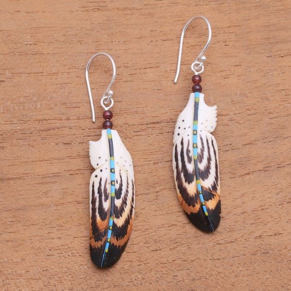 Alternate image for Hand-Painted Garnet Accent Feather Dangle Earrings Antique Feathers