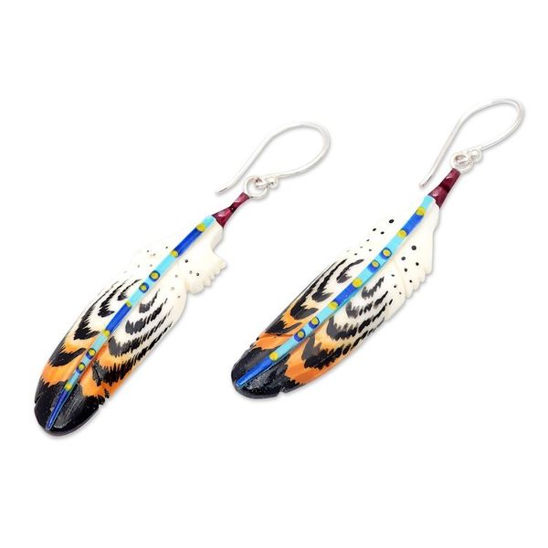 Alternate image for Hand-Painted Garnet Accent Feather Dangle Earrings Antique Feathers