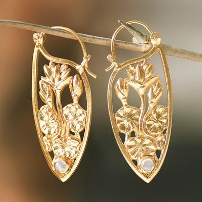Alternate image for Lotus-Motif Gold-Plated Earrings with Rainbow Moonstone Pond Lotus