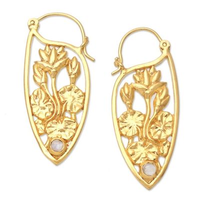 Alternate image for Lotus-Motif Gold-Plated Earrings with Rainbow Moonstone Pond Lotus