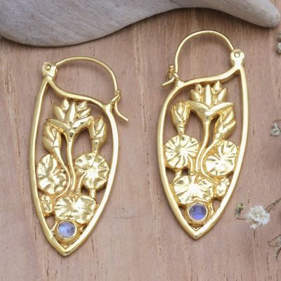 Alternate image for Lotus-Motif Gold-Plated Earrings with Rainbow Moonstone Pond Lotus
