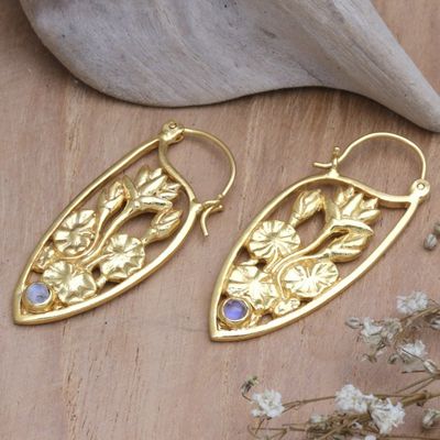 Alternate image for Lotus-Motif Gold-Plated Earrings with Rainbow Moonstone Pond Lotus