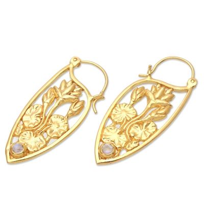 Alternate image for Lotus-Motif Gold-Plated Earrings with Rainbow Moonstone Pond Lotus