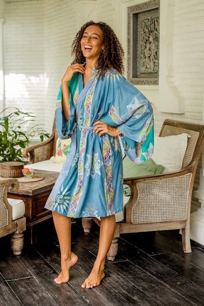 Alternate image for Hand-Stamped Batik Rayon Robe from Bali Remembrance
