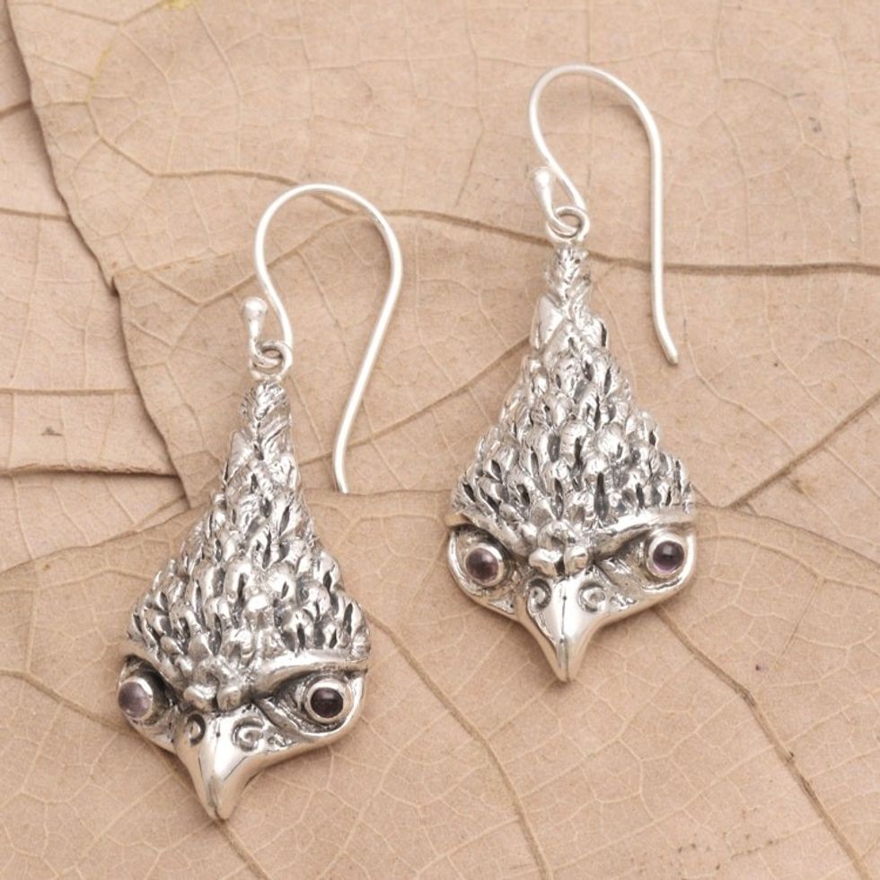 Amethyst and Sterling Silver Owl Dangle Earrings 'All Knowing'
