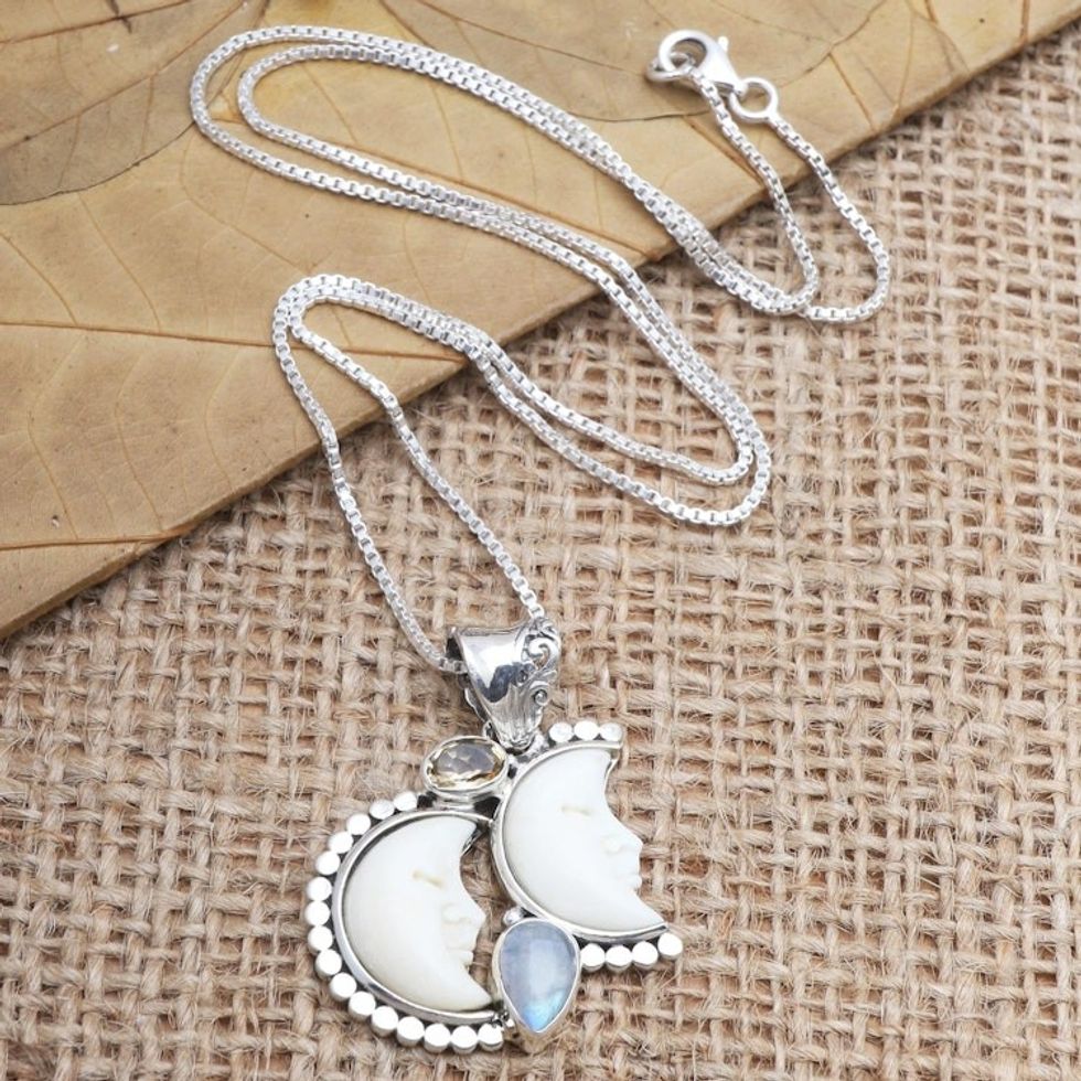 Hand Made Citrine and Rainbow Moonstone Pendant Necklace 'Light by Night'