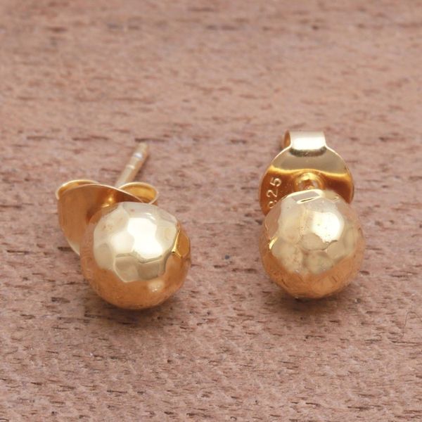 Alternate image for Domed Gold Plated Sterling Silver Stud Earrings from Bali Hammered Domes