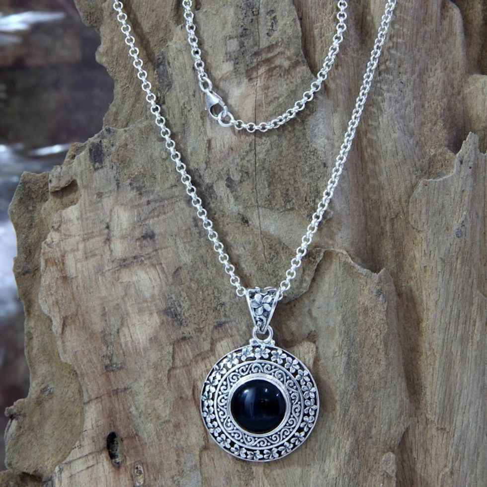 Floral Sterling Silver and Onyx Pendant Necklace  'Frangipani Secrets'