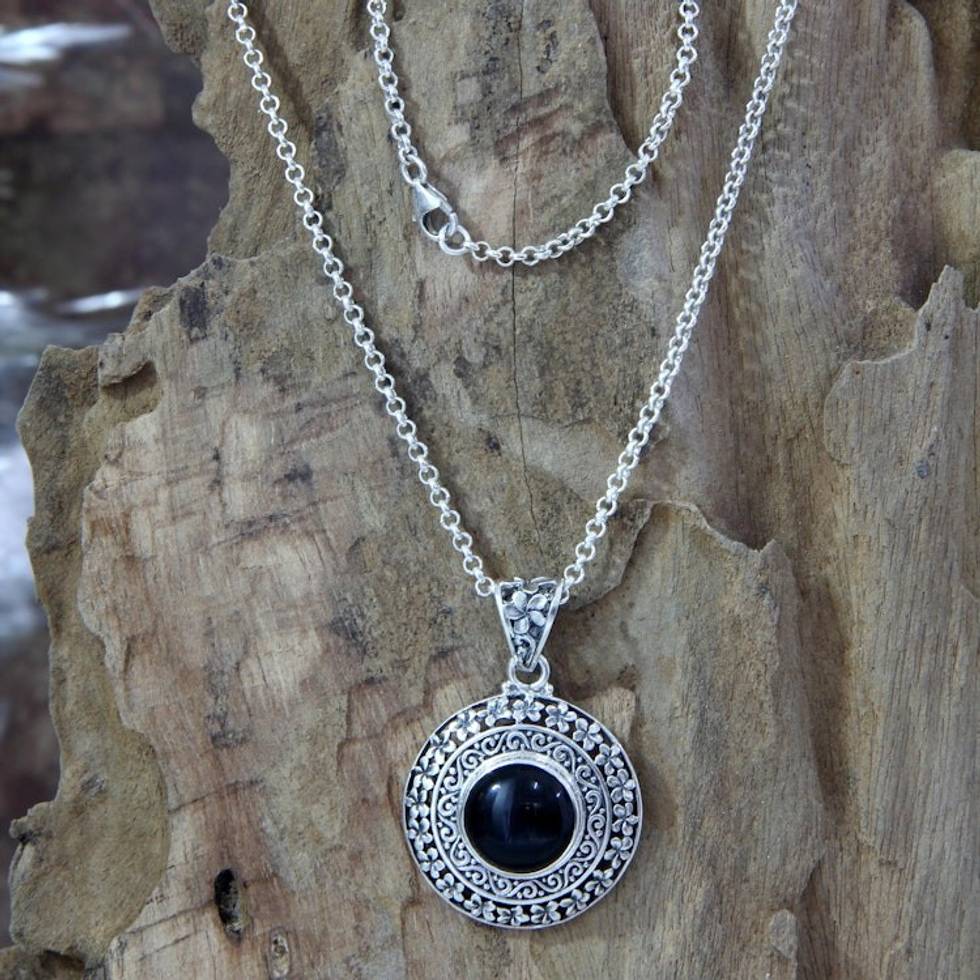 Floral Sterling Silver and Onyx Pendant Necklace 'Frangipani Secrets'