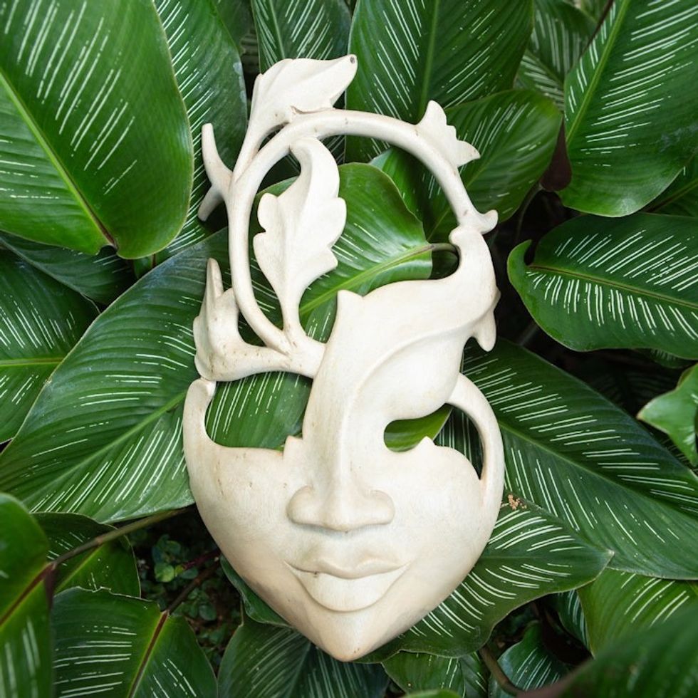 Handcrafted Indonesian Wood Mask 'Blossoming Smile'