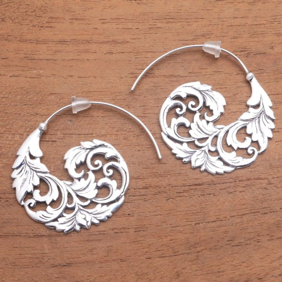 Sterling Silver Vine Half-Hoop Earrings from Bali 'Garden Waves'