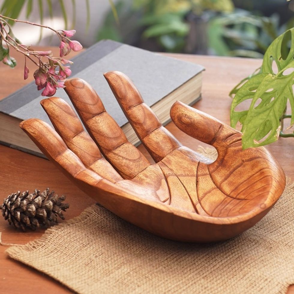 Signed Handcarved Wood Hand Sculpture from Bali 'Praise and Gratitude'