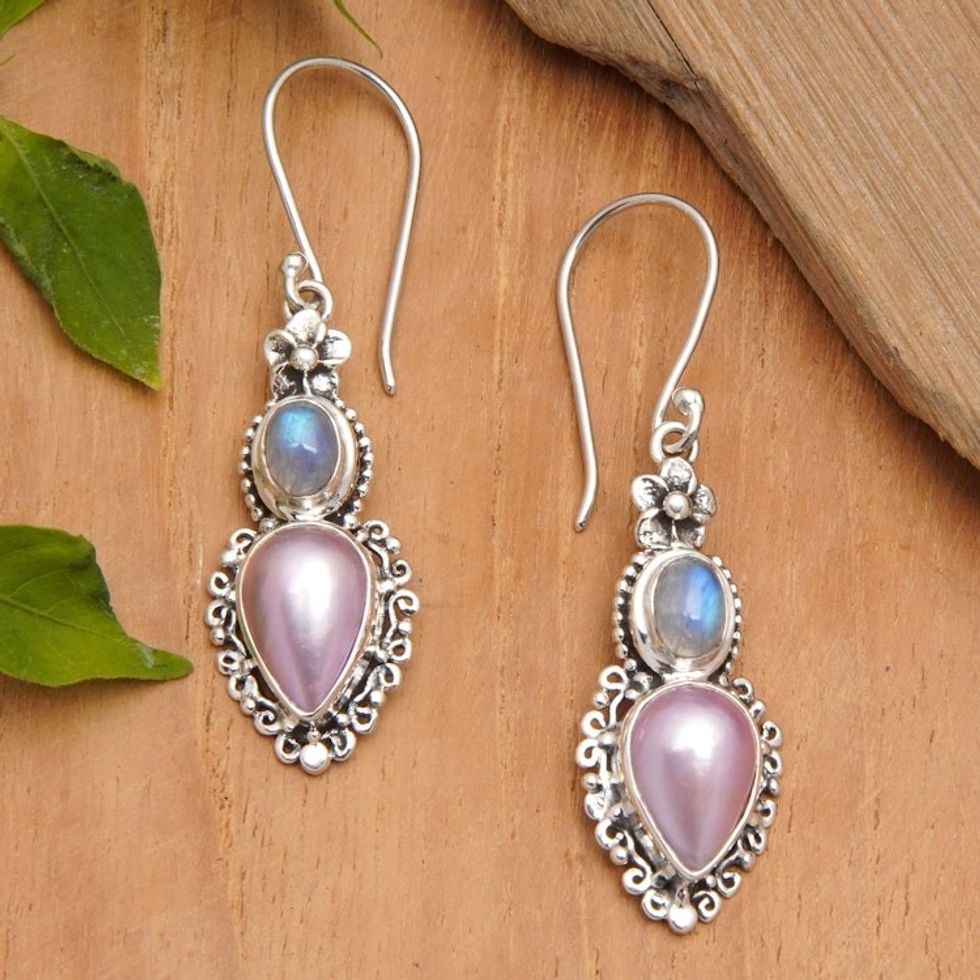 Floral Dangle Earrings with Rainbow Moonstones and Pearls 'Harmonious Pearls'