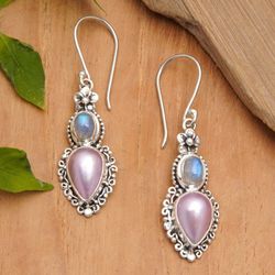 Image for Floral Dangle Earrings with Rainbow Moonstones and Pearls Harmonious Pearls