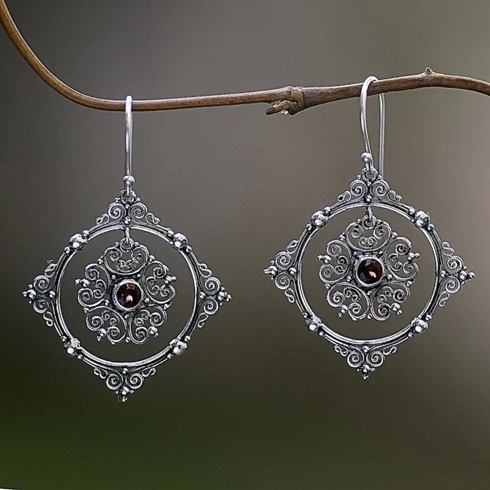 Hand Made Sterling Silver Garnet Dangle Earrings Indonesia 'Red Vibrations'