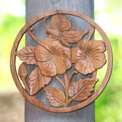 Image for Floral Butterfly Suar Wood Relief Panel Crafted in Bali Butterfly on a Flower