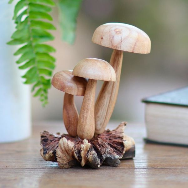 Alternate image for Hand Carved Wood Mushroom Sculpture from Bali Growing Mushrooms