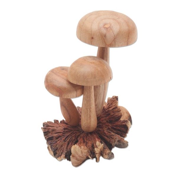 Alternate image for Hand Carved Wood Mushroom Sculpture from Bali Growing Mushrooms