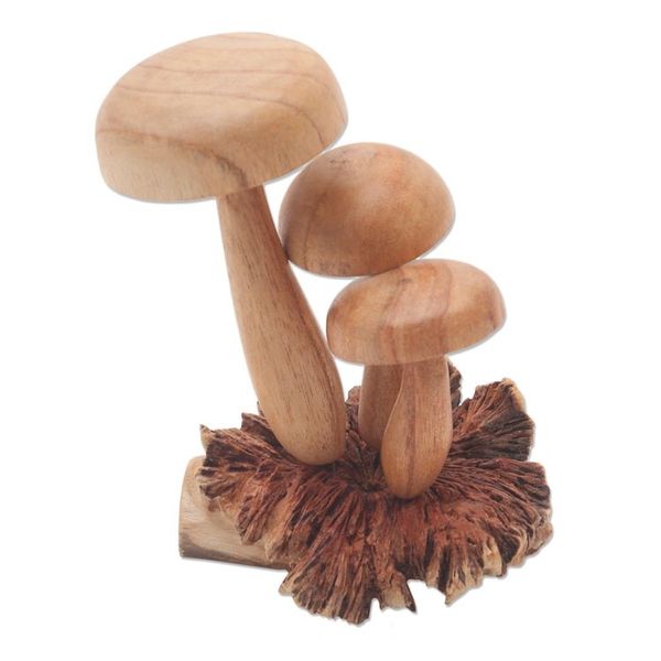 Alternate image for Hand Carved Wood Mushroom Sculpture from Bali Growing Mushrooms