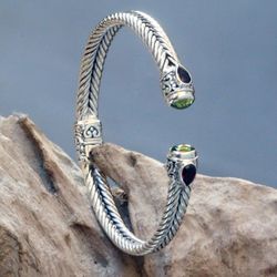 Image for Braided Sterling Silver Cuff with Peridot and Garnet Gems Flower Buds