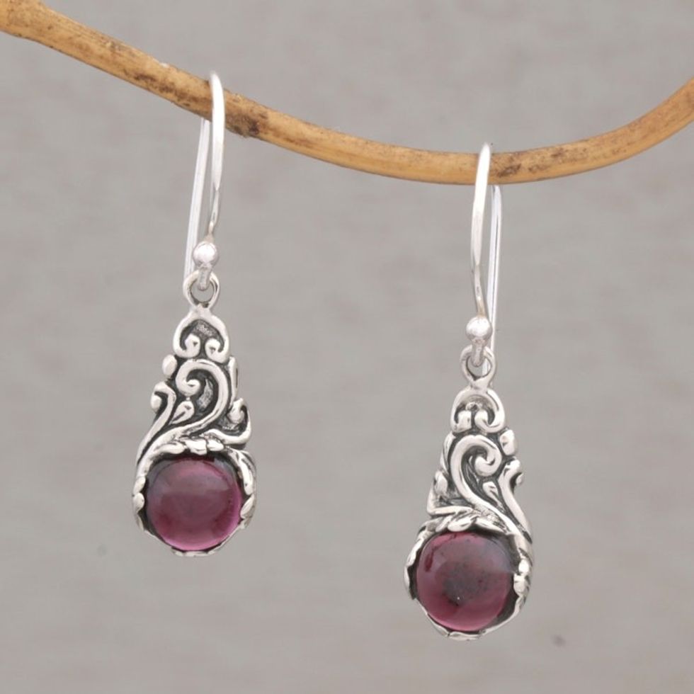 Handmade 925 Sterling Silver Red Garnet Earrings Indonesia 'Red Sprout'