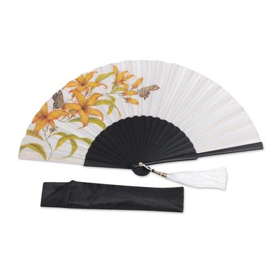 Alternate image for Handmade Silk and Mahogany Fan with Lilies and Butterflies Moonlight Lily