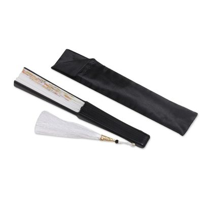 Alternate image for Handmade Silk and Mahogany Fan with Lilies and Butterflies Moonlight Lily