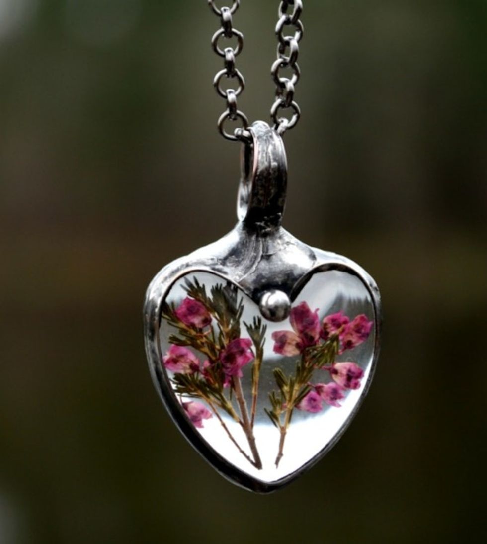 Pink Scottish Heather Heart Pendant Necklace