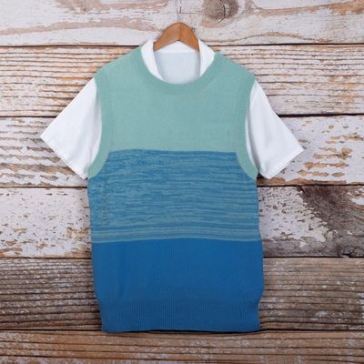 Alternate image for Cotton Blend Mens Vest in Mint and Blue Tones Mint and Blue