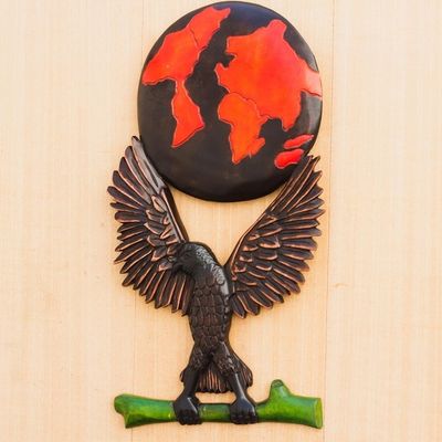 Alternate image for Hand Carved Sese Wood Eagle-Motif Relief Panel World Eagle