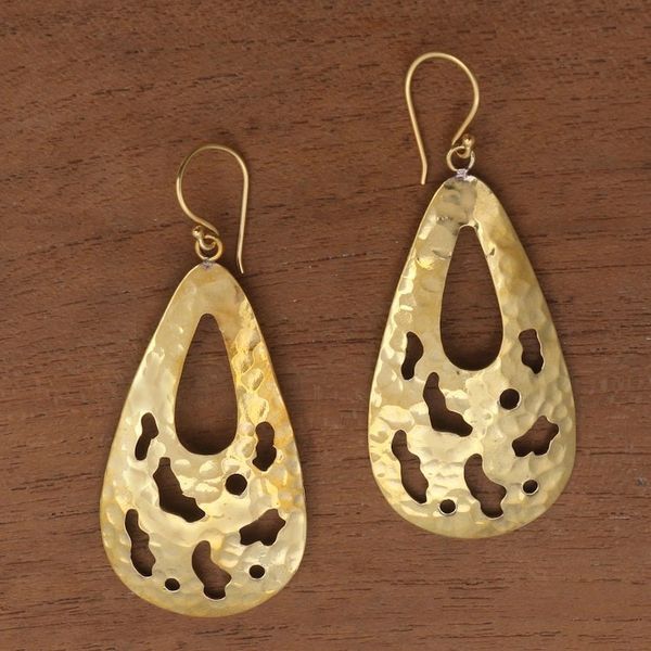 Alternate image for Abstract Pattern Teardrop Brass Dangle Earrings from Bali Abstract Tears