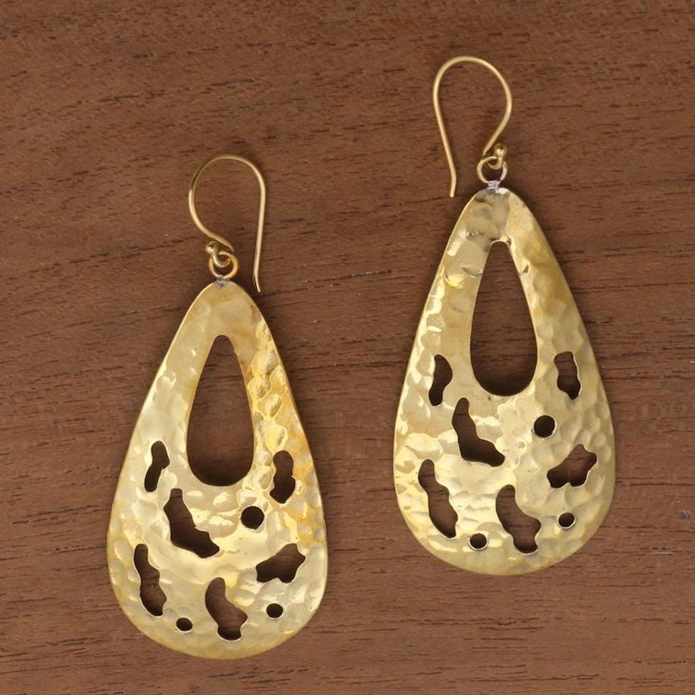 Abstract Pattern Teardrop Brass Dangle Earrings from Bali 'Abstract Tears'