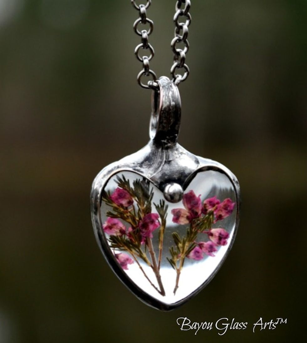 Pink Scottish Heather Heart Pendant Necklace