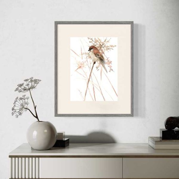 Alternate image for Sparrow in the Field, original watercolor painting by artist Suren