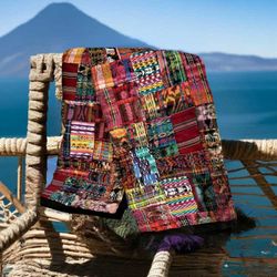 Image for Guatemalan Rose/Mixed Pastel Woven and Embroidered Patchwork Throw Blanket
