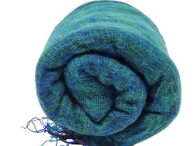 Alternate image for Handloomed Soft, Warm Yak Wool Throw Blanket or Wrap - Green with Blue Highlights