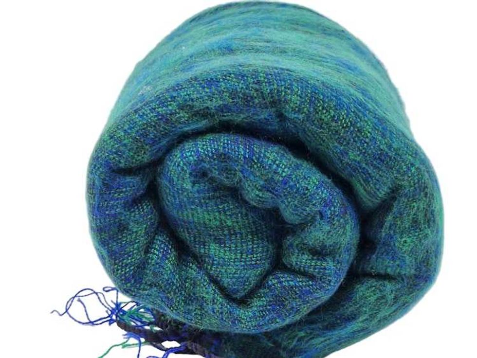 Handloomed Soft, Warm Yak Wool Throw Blanket or Wrap - Green with Blue Highlights