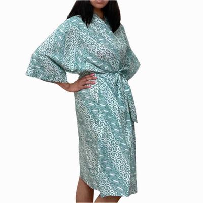 Alternate image for Hand Dyed Batik Robe Kimono, 100% Cotton, Green Royalty