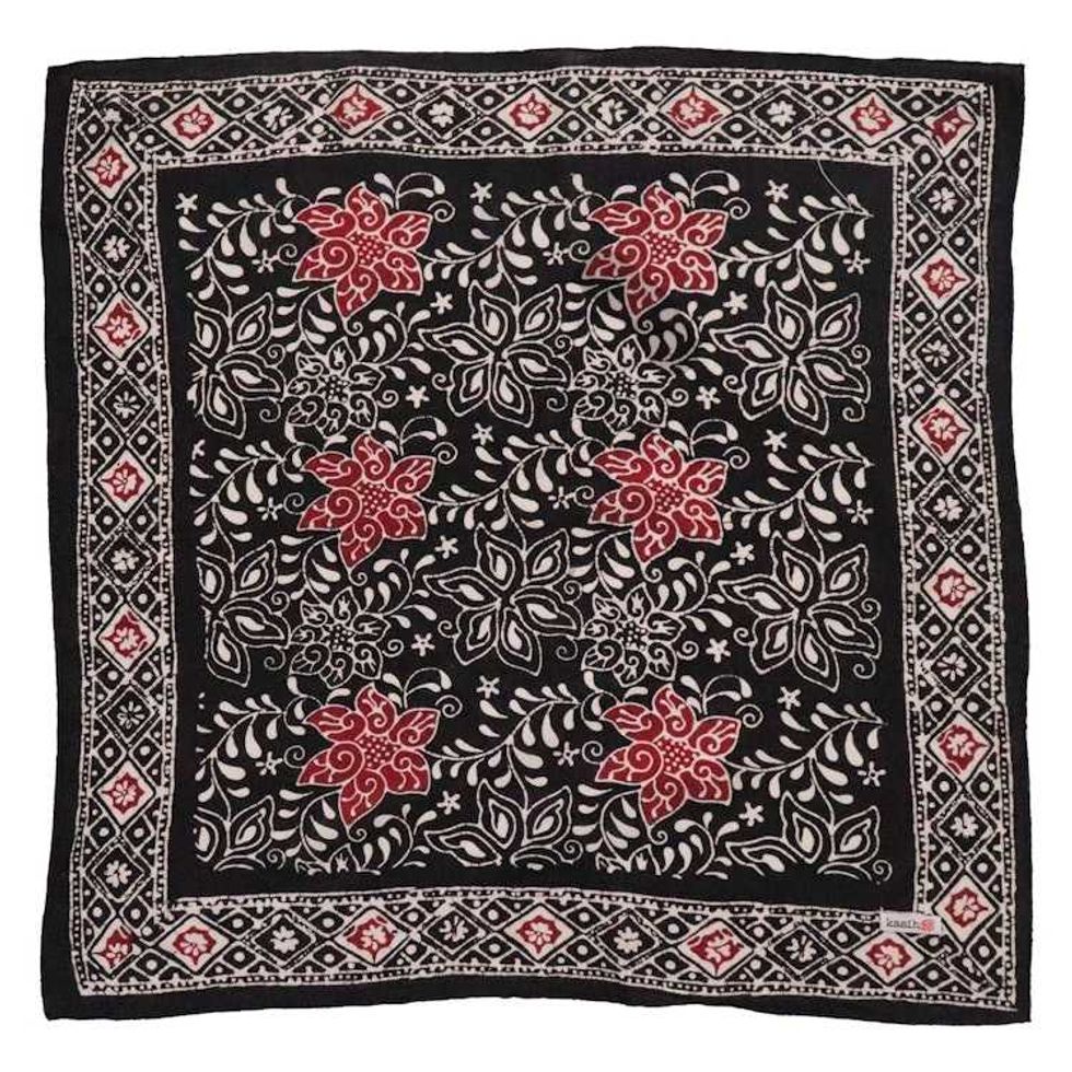 Hand Dyed Batik Bandana Black Red Star, 100% Cotton, Hand Dyed Hair Cover Scarf