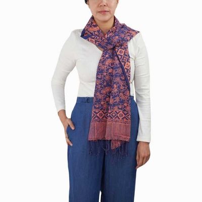 Alternate image for Hand Dyed Batik Scarf, Soft Cotton, Mangosteen, Blue, Pink, Fruit, Floral