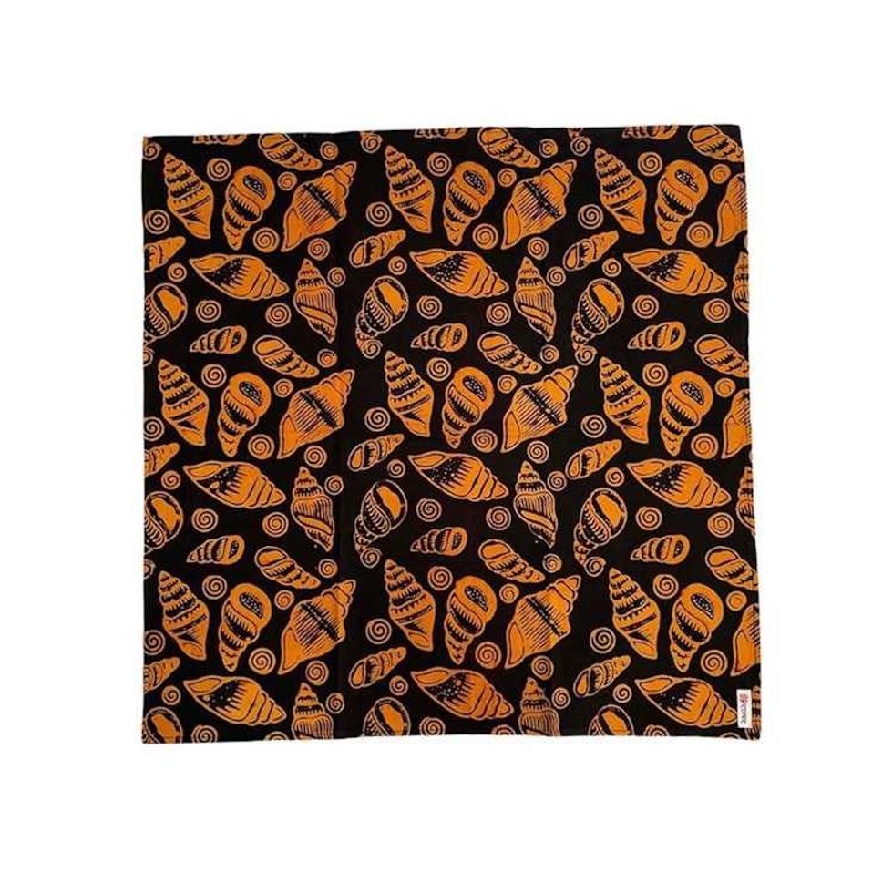 Batik Bandana Black Orange Seashells, 100% Cotton, Hand Dyed Hair Cover Scarf