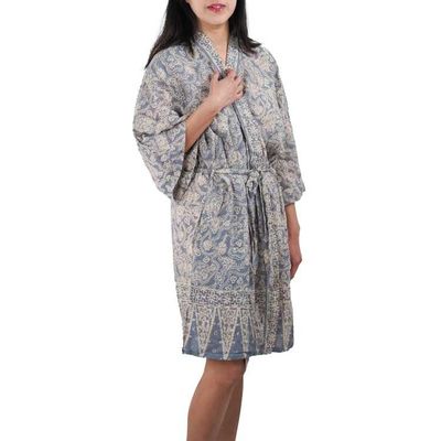 Alternate image for Hand Dyed Batik Robe Kimono, 100% Cotton, Gray, Silver Petals