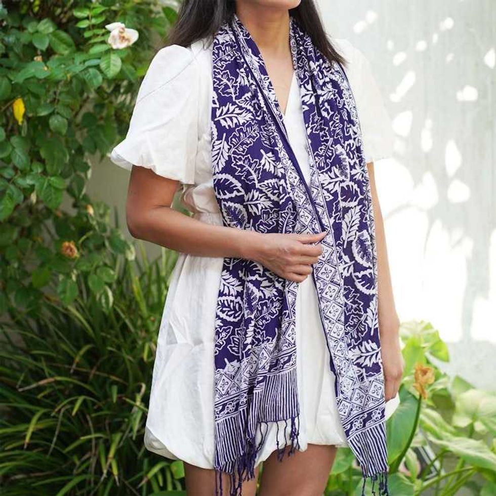 Hand Dyed Batik Scarf, 100% Cotton, Scarves, Bandana, Wrap , Blue Leaves