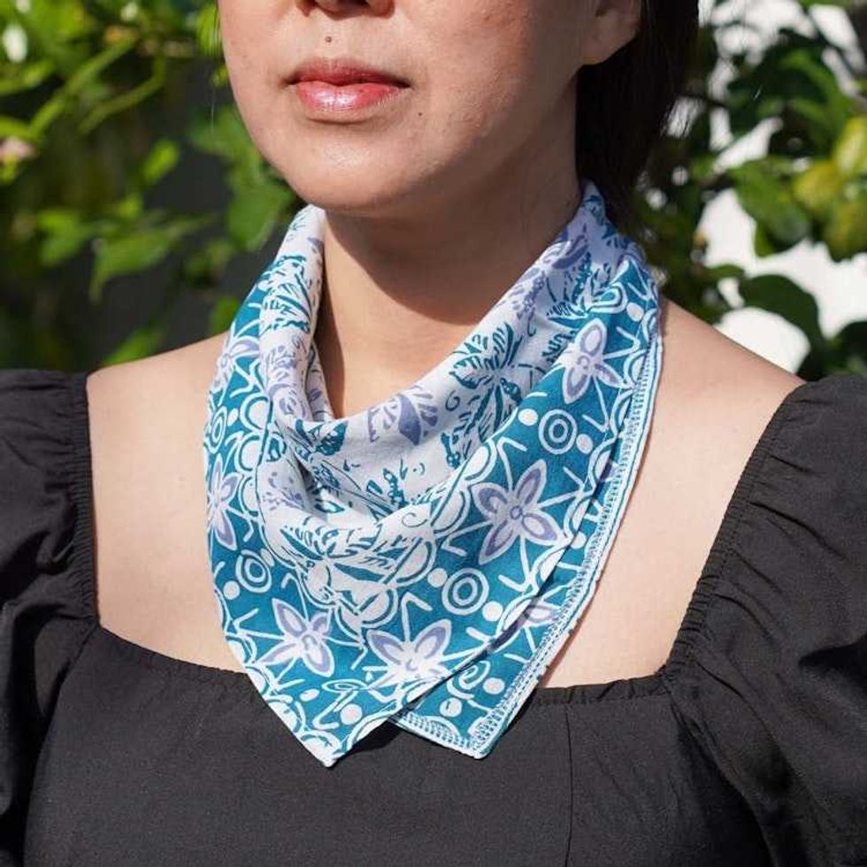Hand Dyed Batik Bandana Blue, Hand Dyed Hair Scarf Tie, 100% Cotton